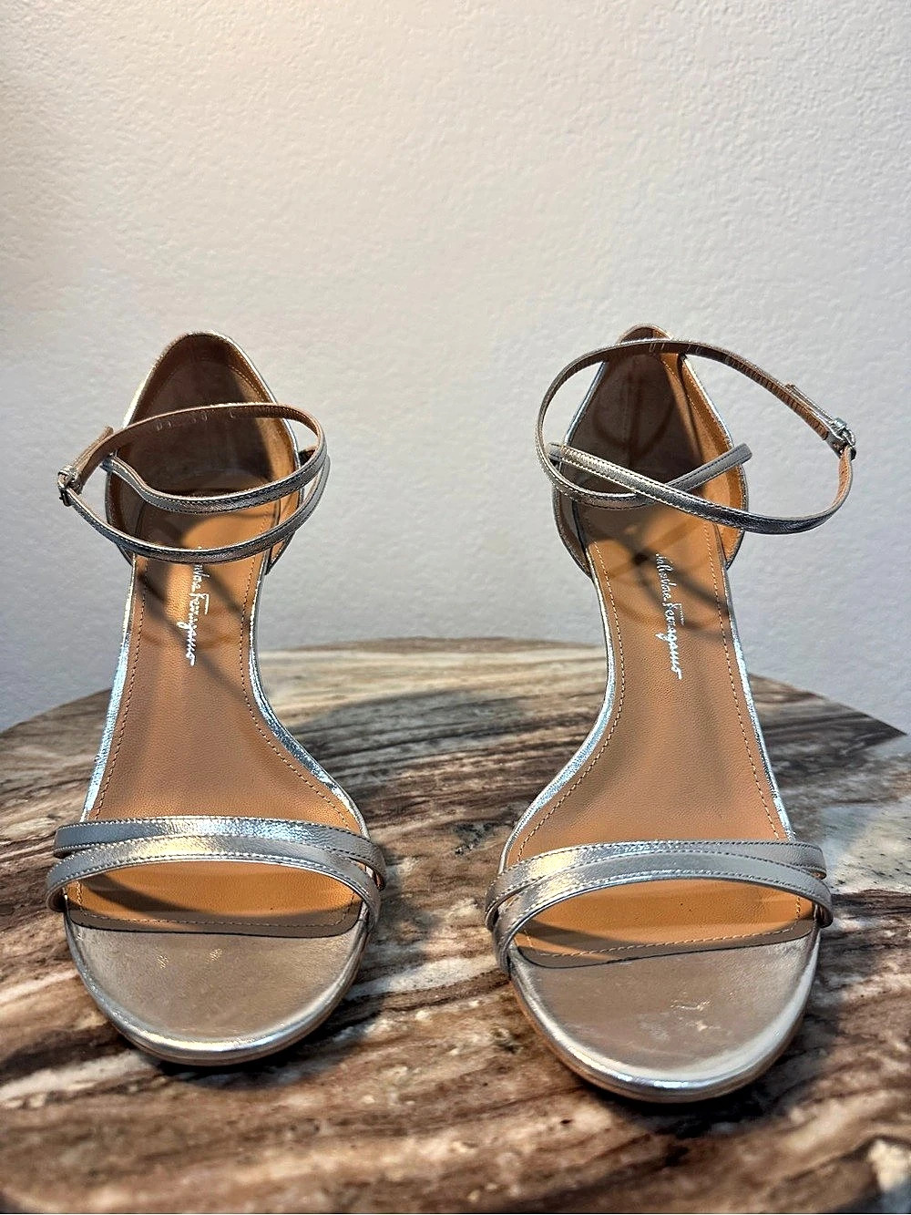 Salvatore Ferragamo Metallic Ankle Strap Heels US 10